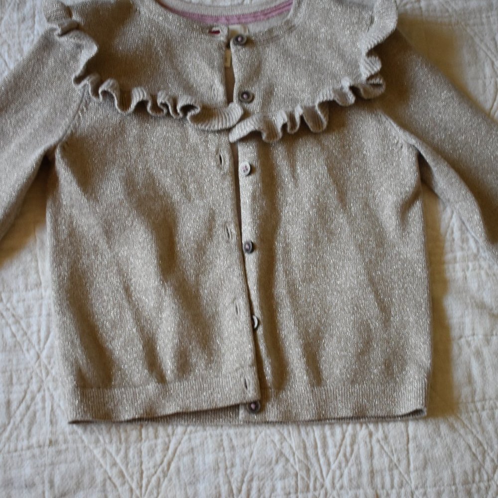 Boden Gold Metalic Cardigan with Ruffle Yoke